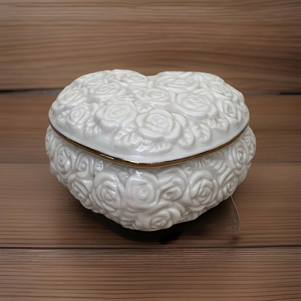 Lenox Porcelain Heart-Shaped Trinket Box w/Roses & Gold Trim